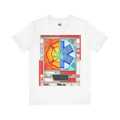 T-shirt with firefighting, law enforcement, and EMS symbols