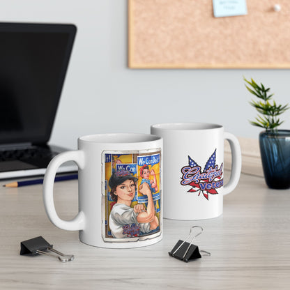 Ceramic coffee mug with Rosie the Riveter and The Grateful Veteran emblem