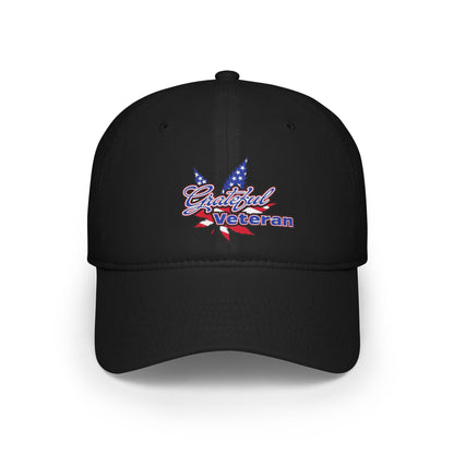 Black low profile baseball cap embroidered with the Grateful Veteran mark