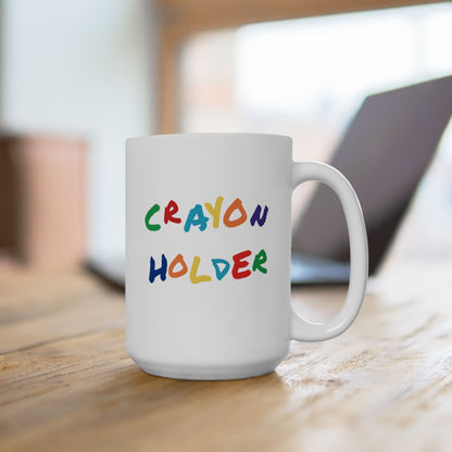 Ceramic mug with a Marine Corps emblem and a crayon holder design