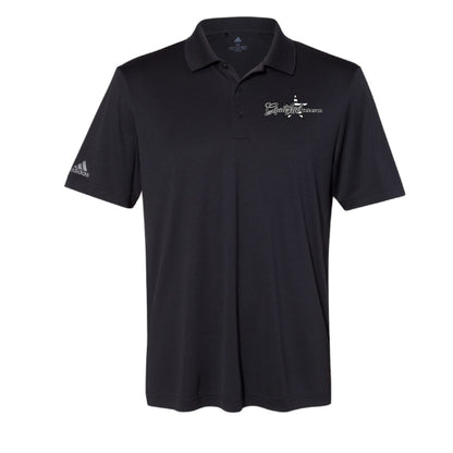 Black men's TGV performance polo, front view, embroidered with the Grateful Veteran mark